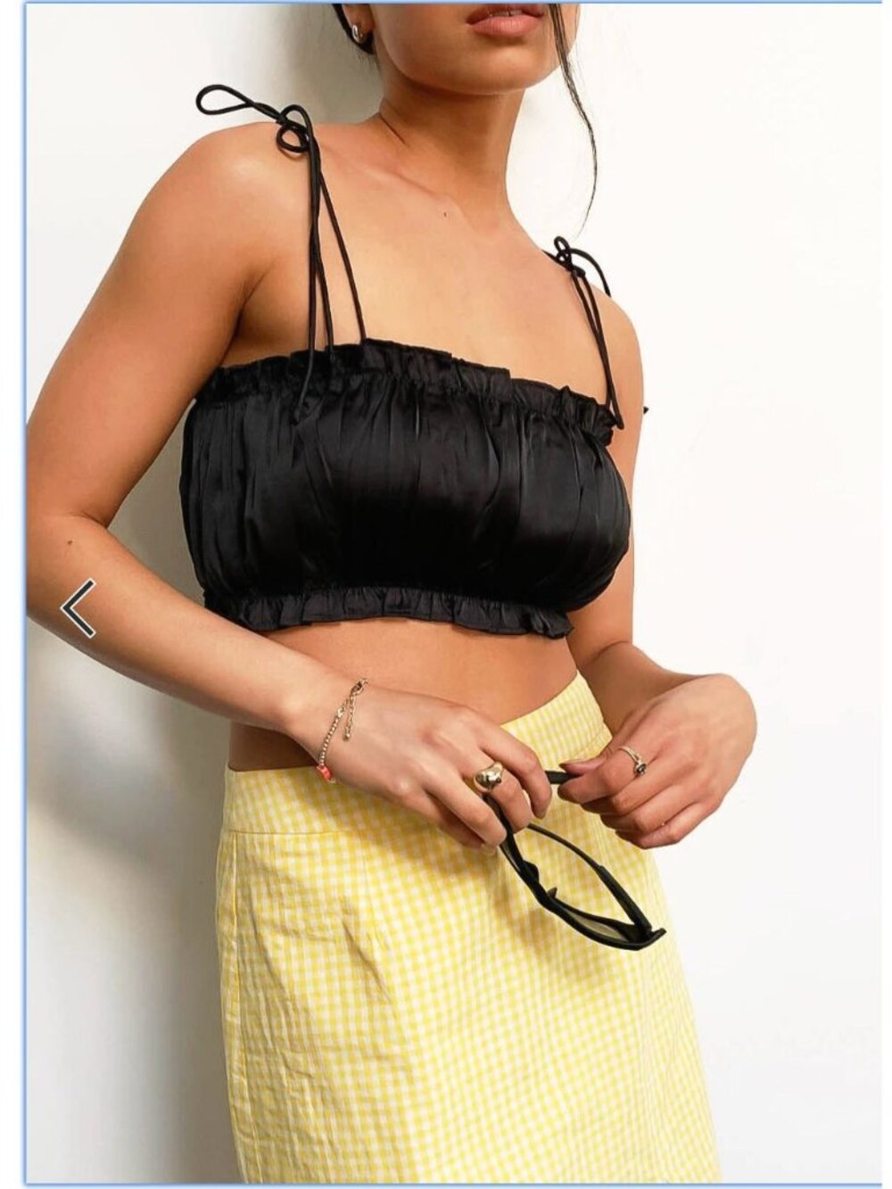 Reclaimed Vintage Ruched Spaghetti Strap Crop Top in Black - Sz 10